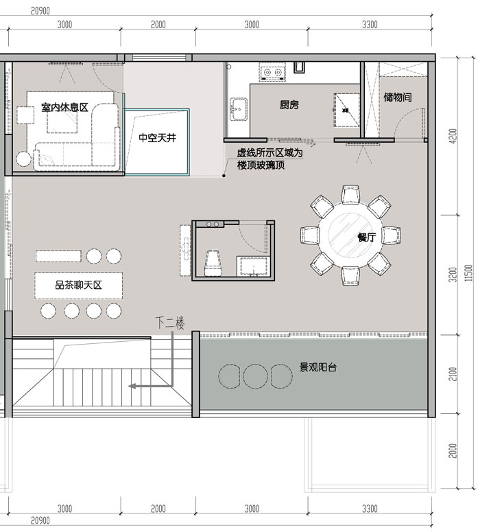 跃层办公室三层员工餐饮休闲空间规划
